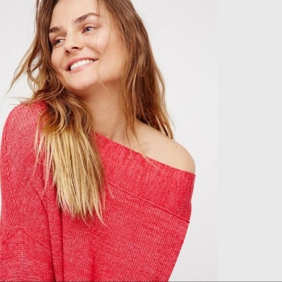 Free People Alana Pullover Linen Cotton Blend Red Knit Off The Shoulder Sweater - Picture 4 of 10